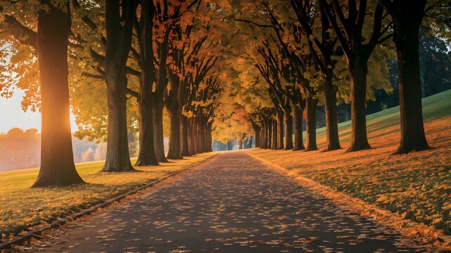 Autumn Tree-Lined Path: Golden Leaves and Sunlit Avenue in Fall