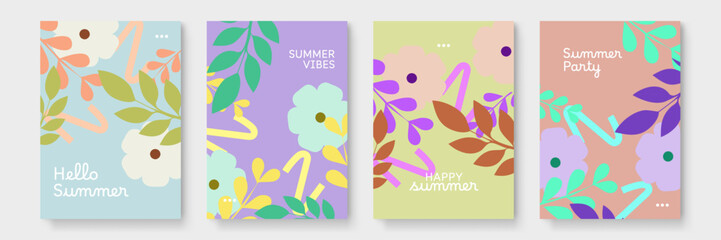 Four floral patterned cards perfect for sending summer greetings. Ideal for greeting card designs, social media posts, or invitations.
