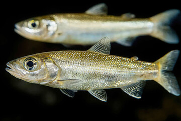 Two silver fish swim against a dark background, displaying shiny scales and streamlined bodies.