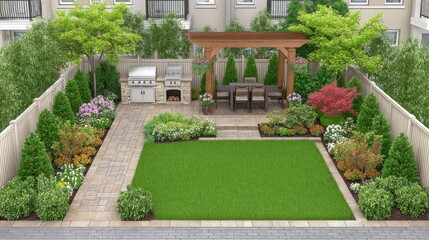 Landscaped Backyard Garden with Pergola and Outdoor Kitchen
