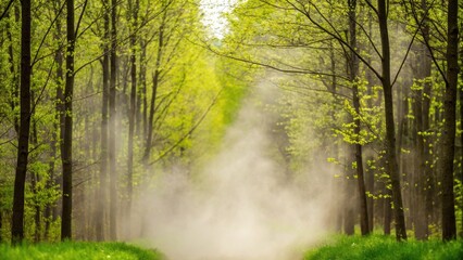 A misty forest path lined with tall green trees, with sunlight filtering through the fresh spring leaves.