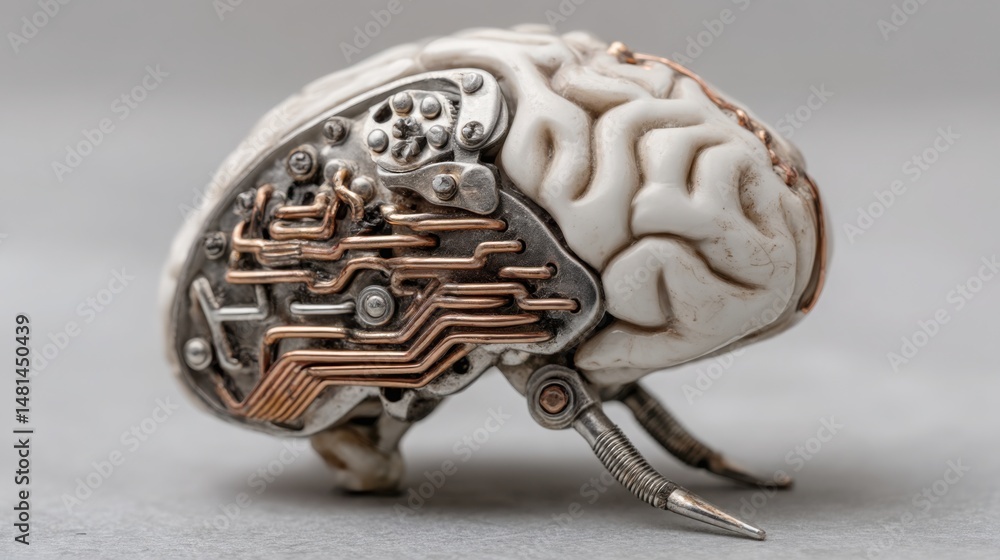 Poster brain made of metal, representing the concept of artificial intelligence and automated capital alloc