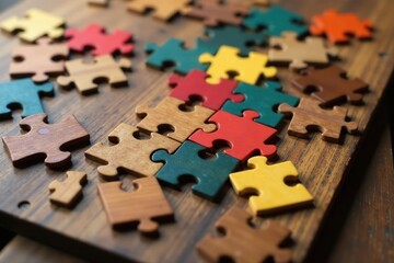 Close-up of intricate wooden jigsaw puzzle pieces, various shapes and colors, on a rustic wooden table , complex, entertainment