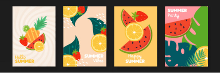 Four vibrant summer greeting cards featuring fruit and leaves, perfect for sending warm wishes and spreading seasonal joy to loved ones.