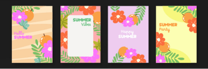 Four summer themed cards with oranges and flowers suitable for greeting cards, invitations, social media posts, and summer stationery.