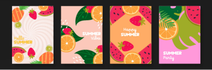Four colorful summer themed cards with fruits suitable for greeting cards, invitations, event promotions, and summer themed stationery designs.