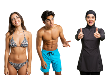 Diverse Group of Young Adults: Two Teens in Swimwear and a Young Woman in Modest Activewear on transparent background, Reflecting Different Cultures and Artistic Expression