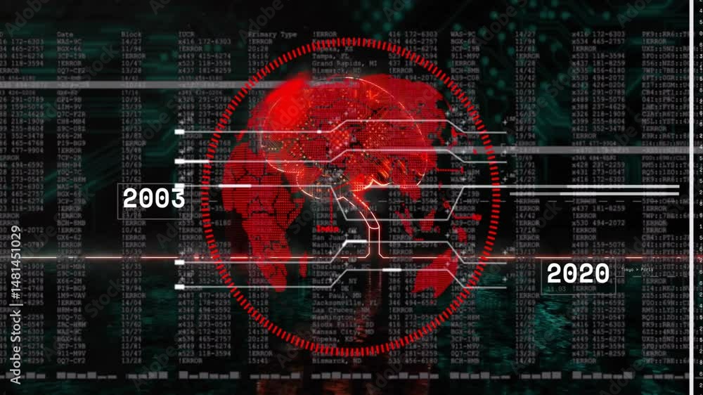 Poster red digital globe showing segmented ring and connectors in timeline interface with error data