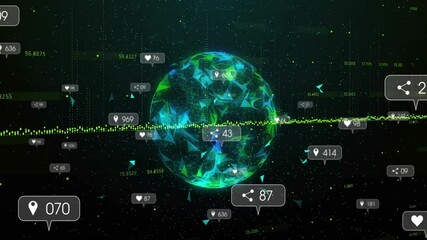 Central polygonal globe floating in 3D cosmic space, streaming neon green data and chat icons - Powered by Adobe