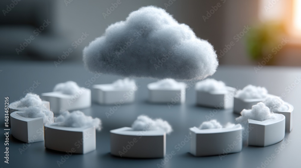 Poster cloud surrounded by cubes in a circular arrangement representing modern concepts of structure and de