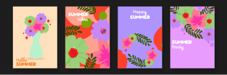 Four floral themed summer cards perfect for invitations, greetings, or stationery design projects. Bright colors and festive designs evoke summertime joy.