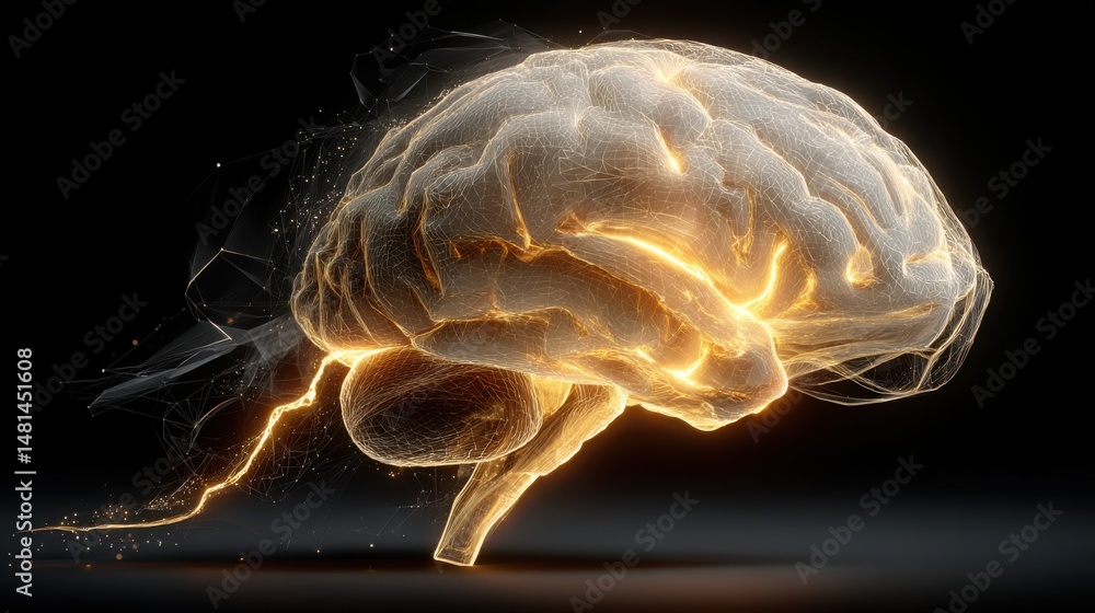 Poster human brain portrayed in detail highlighting its complexity and functions in cognitive processes and