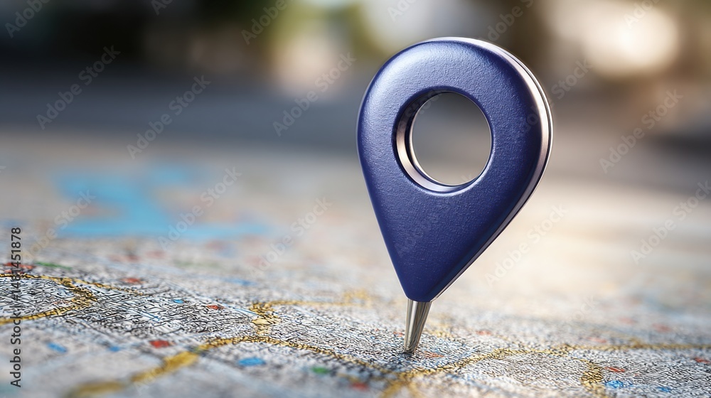 Poster map highlighting a location with a pin indicating important places and navigation in a future strate
