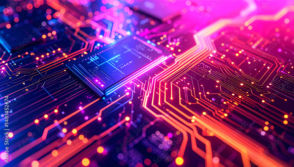 Poster vibrant circuit board design featuring intricate pathways and glowing components, showcasing the bea