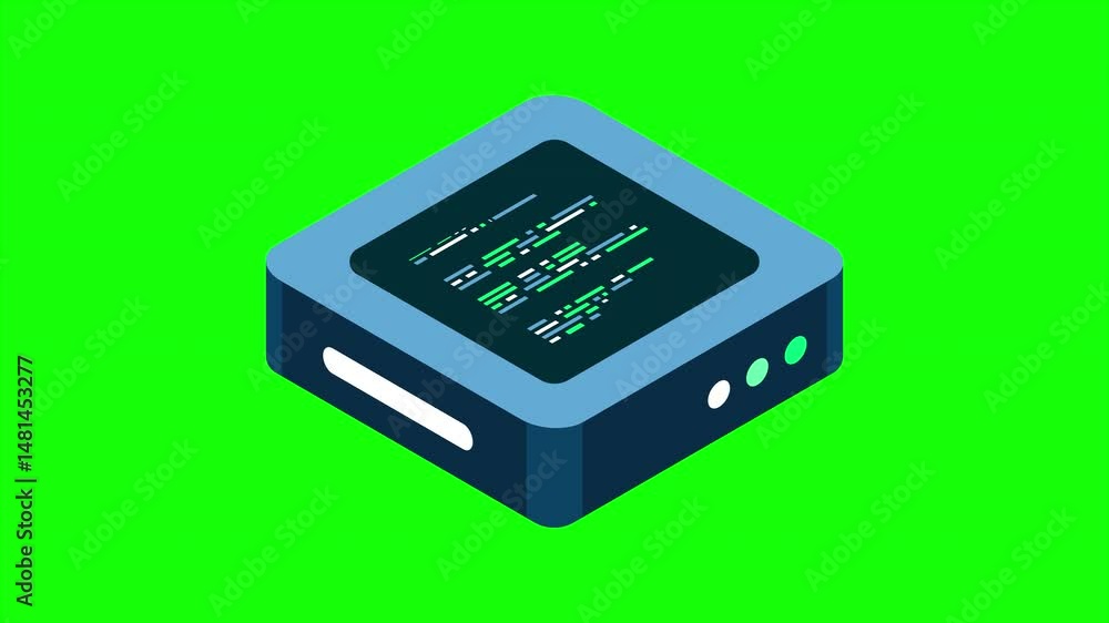 Poster Isometric futuristic server animation. Isometric database or data center. Abstract blockchain. Computer storage. Cloud storage. 4K video animated in isometric style