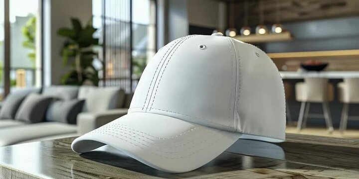 White baseball cap mockup in a modern interior setting.