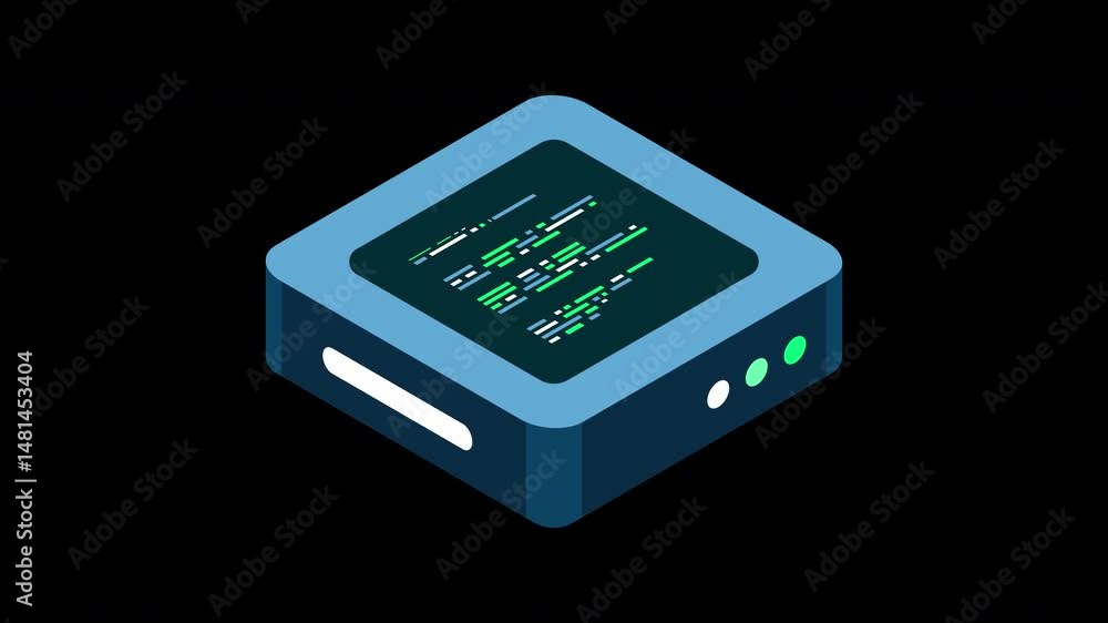 Poster Isometric futuristic server animation. Isometric database or data center. Abstract blockchain. Computer storage. Cloud storage. Transparent background with alpha channel