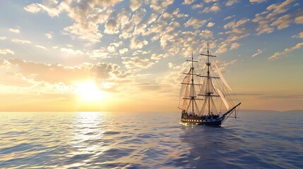 Fototapeta premium Sailing Ship At Sunset Sailing On The Calm Ocean With Golden Light