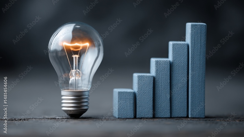 Poster bright light bulb next to a graph representing cost optimizer concept and savings-focused logic for 