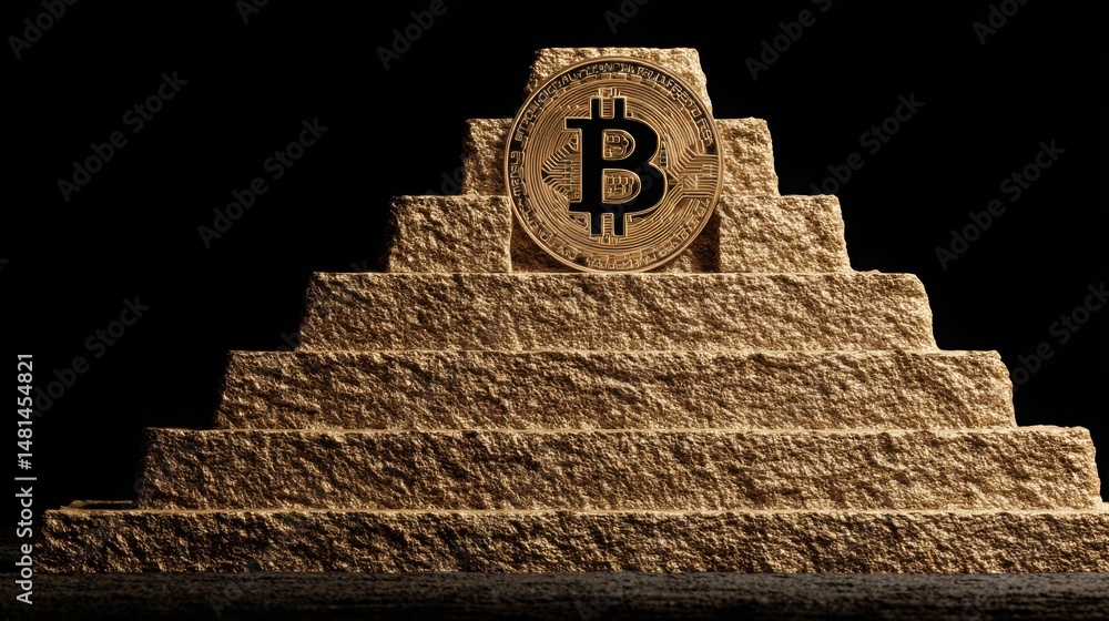 Poster a gold bitcoin resting on a pyramid symbolizing a strategic approach to cryptocurrency and financial