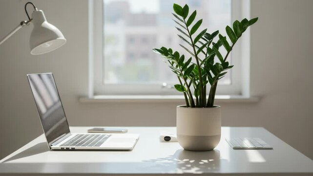 Bright, minimalist home office setup with laptop, plant, and natural light.