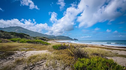Scenic Coastal Landscape Featuring Blue Ocean And Sky With Sandy Beach