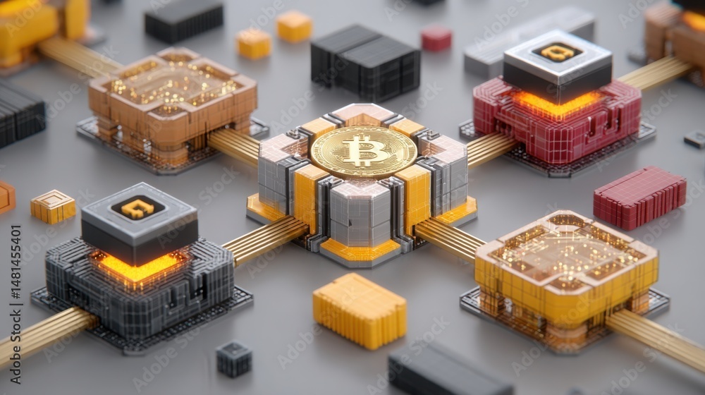 Poster visual representation of a bitcoin blockchain depicting the structure and functionality of digital c