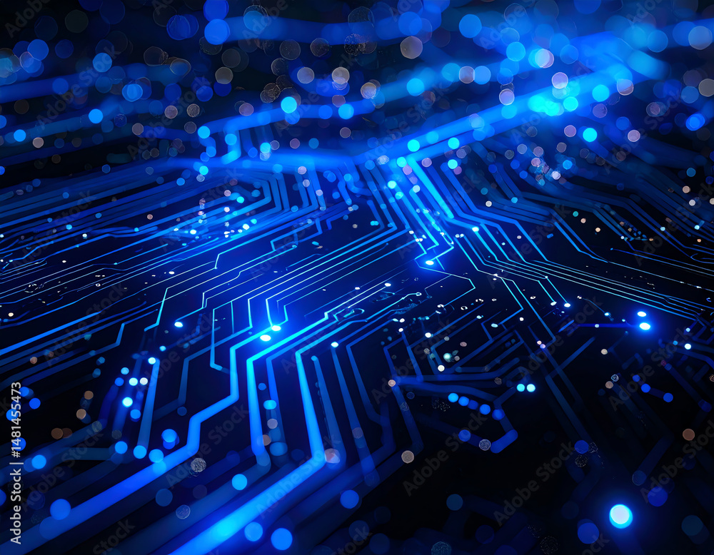 Poster abstract blue circuit board design with glowing lines and dots, representing technology and digital 