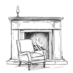 Fototapeta premium vector sketch armchair stands near fireplace on white background .Generative AI