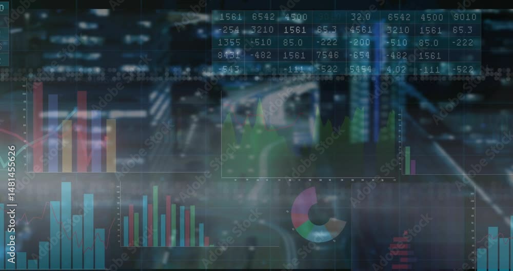 Poster flat design finance overlay displaying numeric table with line graph, bar charts and pie segments