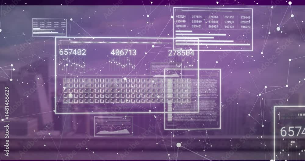 Poster translucent interface panels floating over purple skyline showing charts, grids, nodes linking data