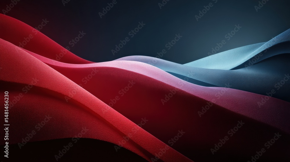 Poster color waves abstract: elegant and dynamic wave of red and blue silk, creating a mesmerizing visual r