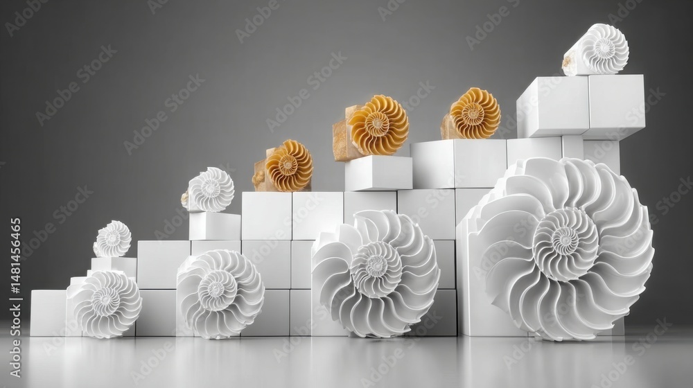 Poster collection of white boxes with gold and silver seashells depicting data-calibrated fibonacci arc con