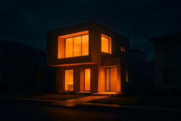 Modern Home at Dusk: A contemporary house glows warmly from within, illuminated against a deepening twilight sky, highlighting the architectural lines and inviting ambiance.