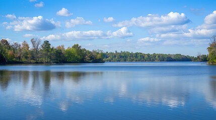 Scenic Lake Landscape With Blue Sky Reflection and Green Trees