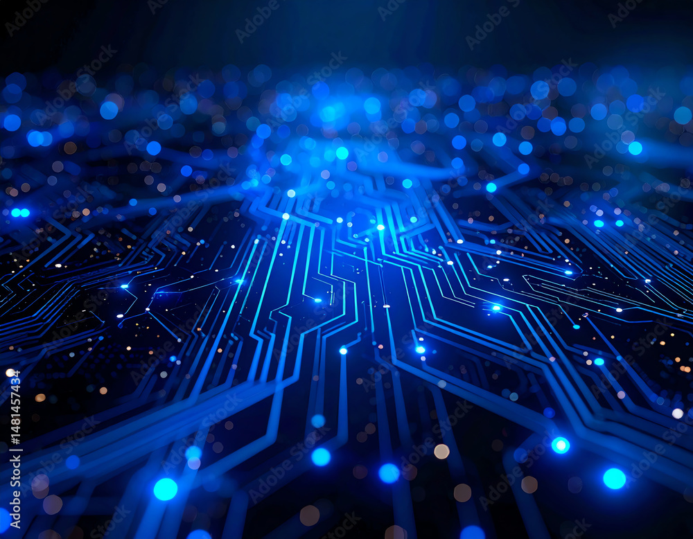 Poster an intricate blue circuit design illuminated by glowing lights, creating a futuristic technology vib