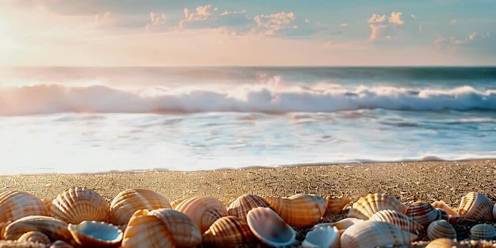 Seashells on sandy beach by sea