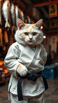 Charming and humorous cat in martial arts gi with black belt posing in a traditional Japanese fish market, perfect for unique advertising, pet-themed content, or funny social media visuals.