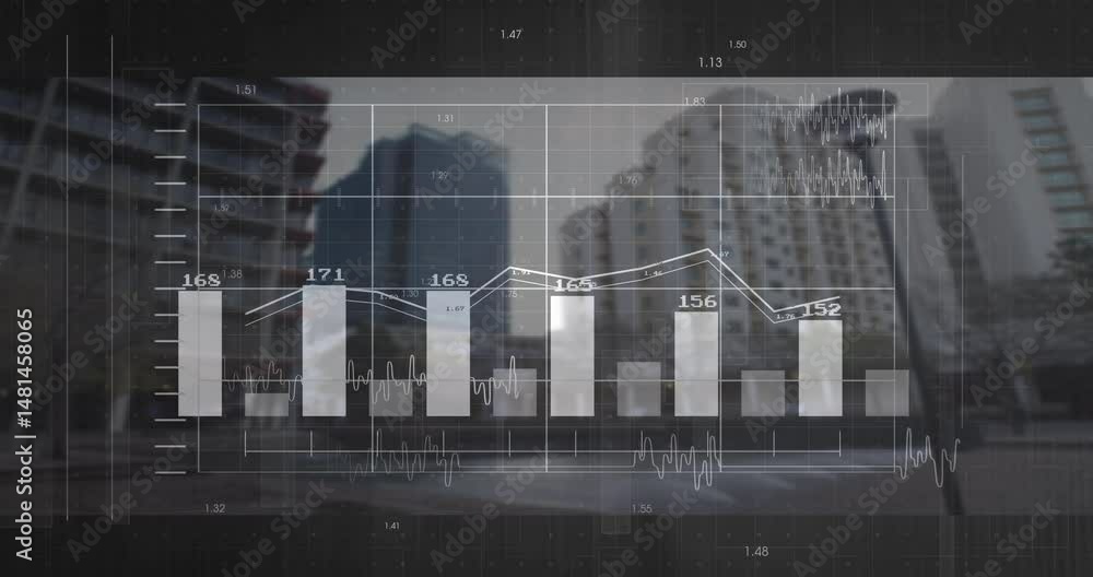 Aufkleber flat design data overlay showing vertical bars rising across urban plaza with jagged line graphs