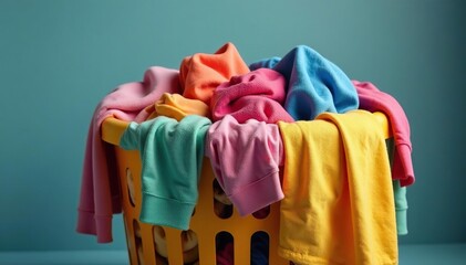 A overflowing laundry basket filled with wrinkled clothes , untidy, messy, attire