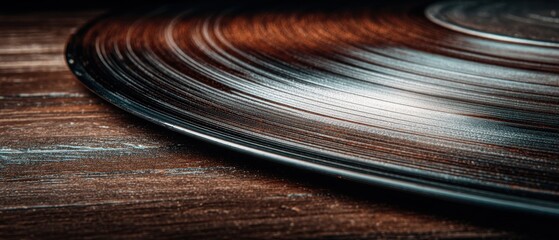Close-up of a spinning vinyl record on a wooden surface, highlighting grooves and texture, evoking nostalgia and warmth.