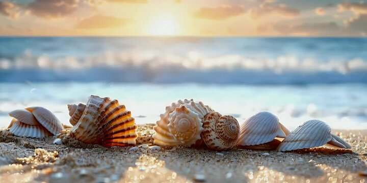 Seashells on sandy beach by sea