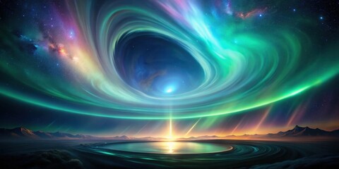 Obraz premium Swirling aurora borealis in a dark abstract light background, glowing vortex