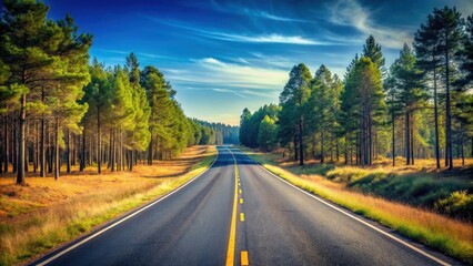 Fototapeta premium Abandoned asphalt road winding through empty landscape with tall trees and a clear blue sky