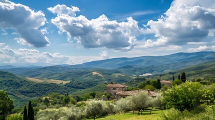 Scenic Landscape View With Rolling Hills and Azure Sky Under Cloudy Skies