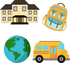 Flat Vector School Elements with Bus, Backpack, Globe, and Building for Education and Learning Concept in Minimal Style