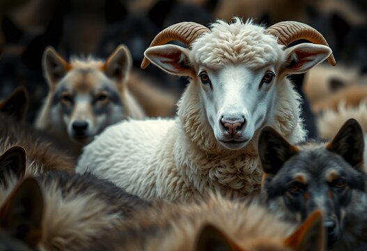 Powerful concept image: A single white sheep stands out boldly in a dense pack of dark wolves, perfect for illustrating themes of individuality, risk, vulnerability, non-conformity, or being different