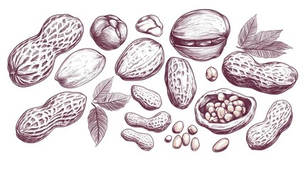 Detailed illustration of various nuts and peanuts.