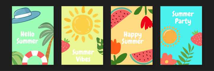 Four summer themed illustrations featuring sun, watermelon, flowers, and palm tree perfect for seasonal designs, greetings, and invitations.