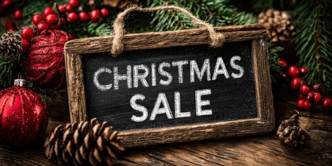 Christmas Sale: A rustic chalkboard proudly displays the message "Christmas Sale," beautifully framed by seasonal decorations, offering a warm invitation to festive deals.